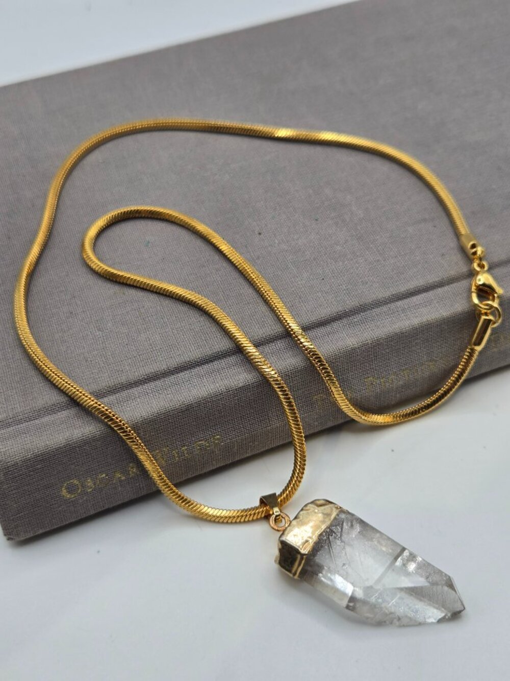 Yellow Gold Tone Snake Chain Quartz Crystal Stone Pendant Fairy Spiritual VTG